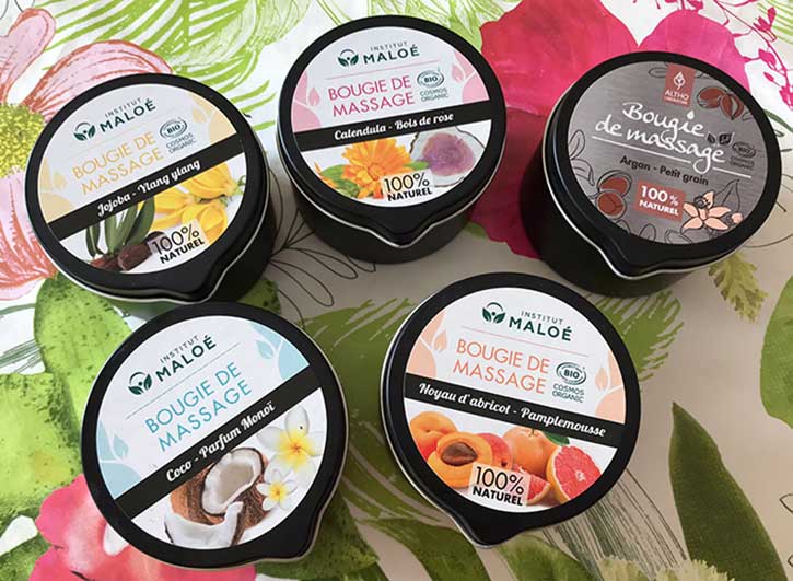 bougies de massage disponibles dans mon salon de massage à maraussan
